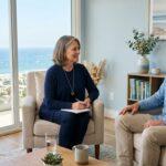 Therapist and client in a sunlit Newport Beach therapy room with an ocean view