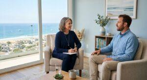 Therapist and client in a sunlit Newport Beach therapy room with an ocean view