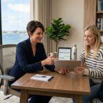Therapist and client reviewing a treatment plan on a tablet in a sunlit Newport Beach office with palm trees and coastline visible through the window.