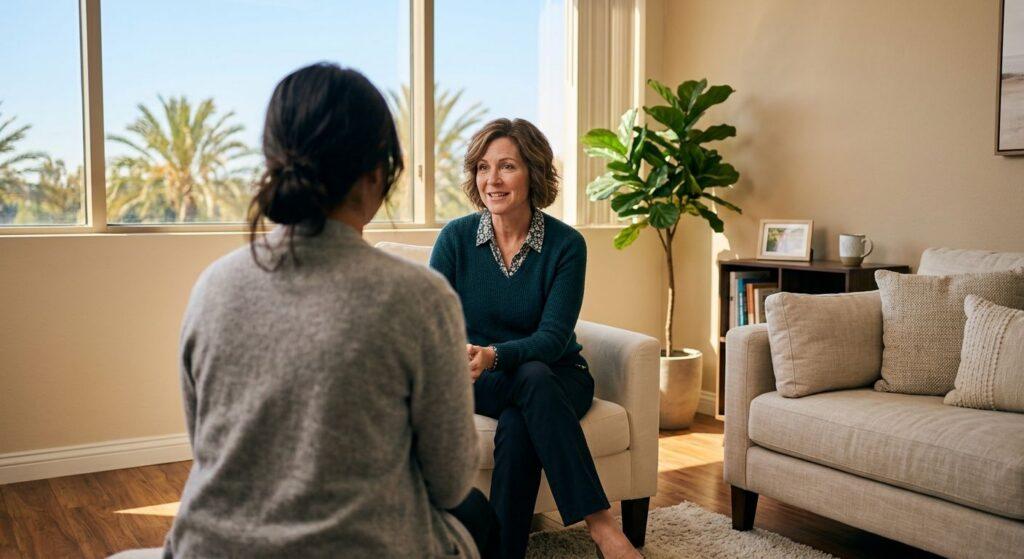 Addiction counselor in a sunlit therapy room speaking with a client in Irvine, California
