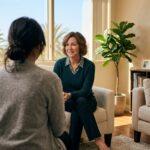 Addiction counselor in a sunlit therapy room speaking with a client in Irvine, California