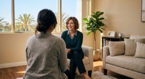 Addiction counselor in a sunlit therapy room speaking with a client in Irvine, California