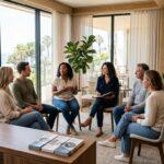 A diverse group of clients talking with a therapist in a sunlit modern treatment center in Newport Beach, with ocean views through floor-to-ceiling windows.