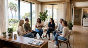 A diverse group of clients talking with a therapist in a sunlit modern treatment center in Newport Beach, with ocean views through floor-to-ceiling windows.