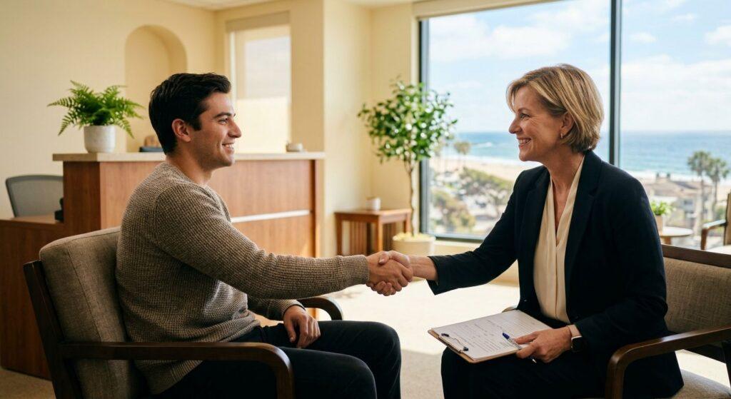 Counselor warmly greeting a client at a serene treatment center reception in Orange County with natural light and ocean views