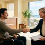 Counselor warmly greeting a client at a serene treatment center reception in Orange County with natural light and ocean views