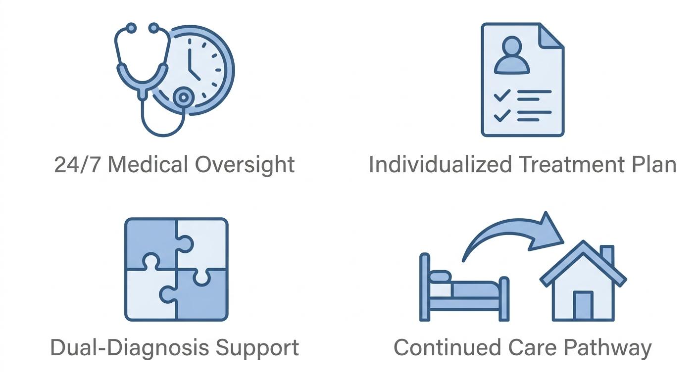 Four flat outlined minimalist icons on a clean white background showing medical detox program factors: stethoscope over a clock face for 24/7 medical oversight, sheet with person silhouette and checkmarks for individualized treatment plan, two overlapping puzzle pieces for dual-diagnosis support, and an arrow curving from a bed to a house for continued care pathway, each with a muted gray sans-serif label beneath.