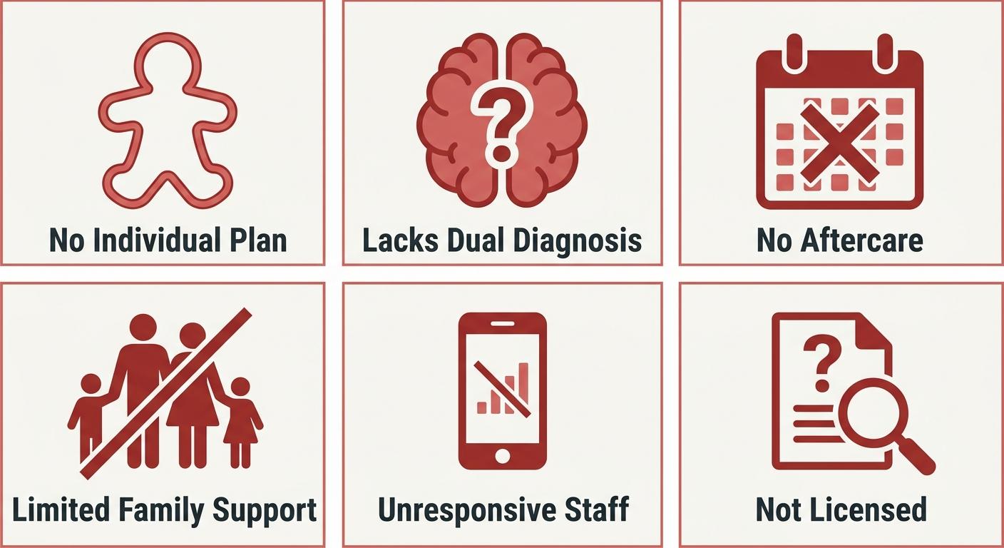 Flat minimal warning icon set listing six red flags of an unsafe addiction treatment provider, arranged in a 2x3 grid with labels