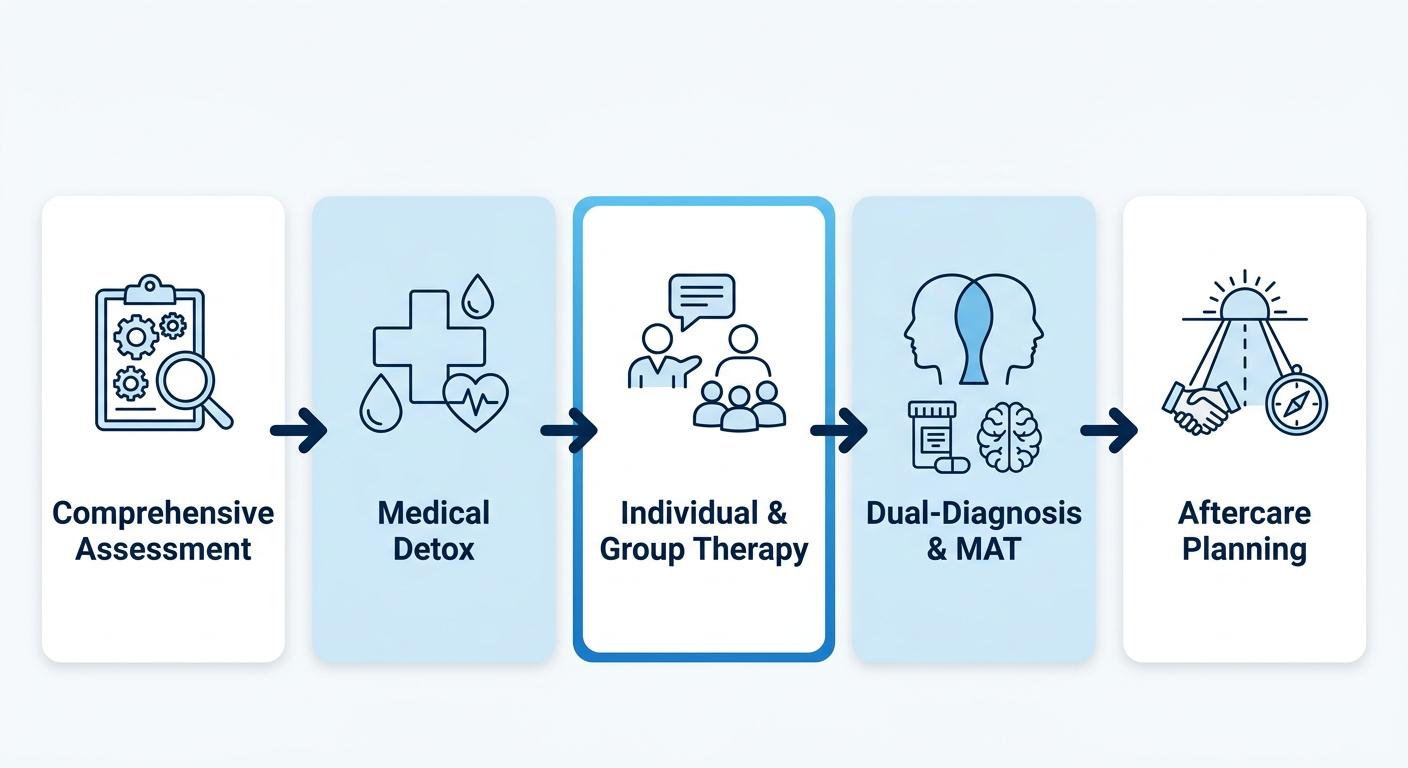Horizontal process flow diagram showing five stages of Blue Coast Behavioral Health rehab care in Newport Beach, from comprehensive assessment and medical detox to therapy, dual-diagnosis care, and aftercare planning