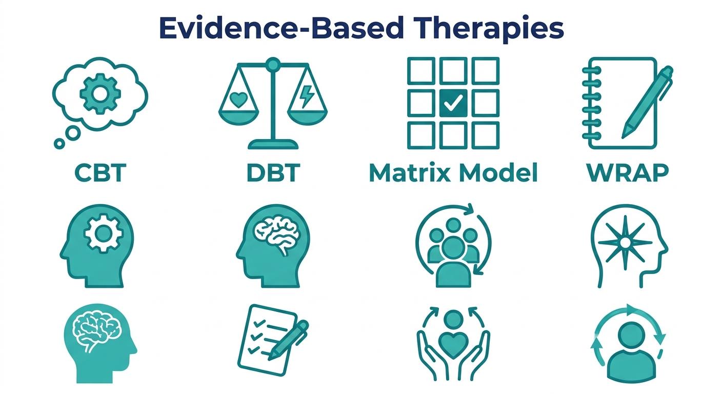 Infographic listing four evidence-based therapies: CBT, DBT, Matrix Model, and WRAP, each with a matching outline icon on a clean white background.