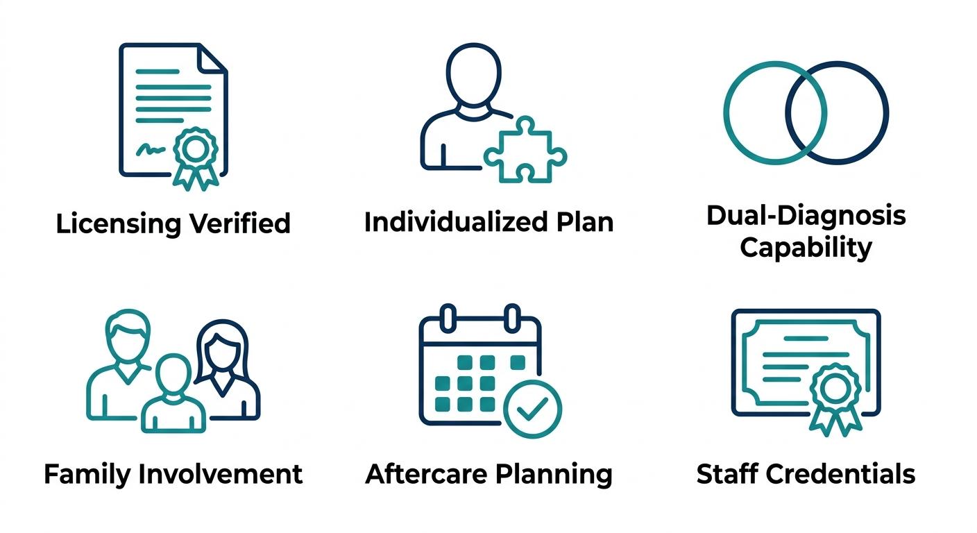 Flat icon set of six rehab evaluation criteria: licensing, individualized plan, dual-diagnosis, family, aftercare, and credentials
